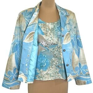 Christina Hope Jacket Set Tank Top Size Medium Blue Floral Beaded Lined Coastal